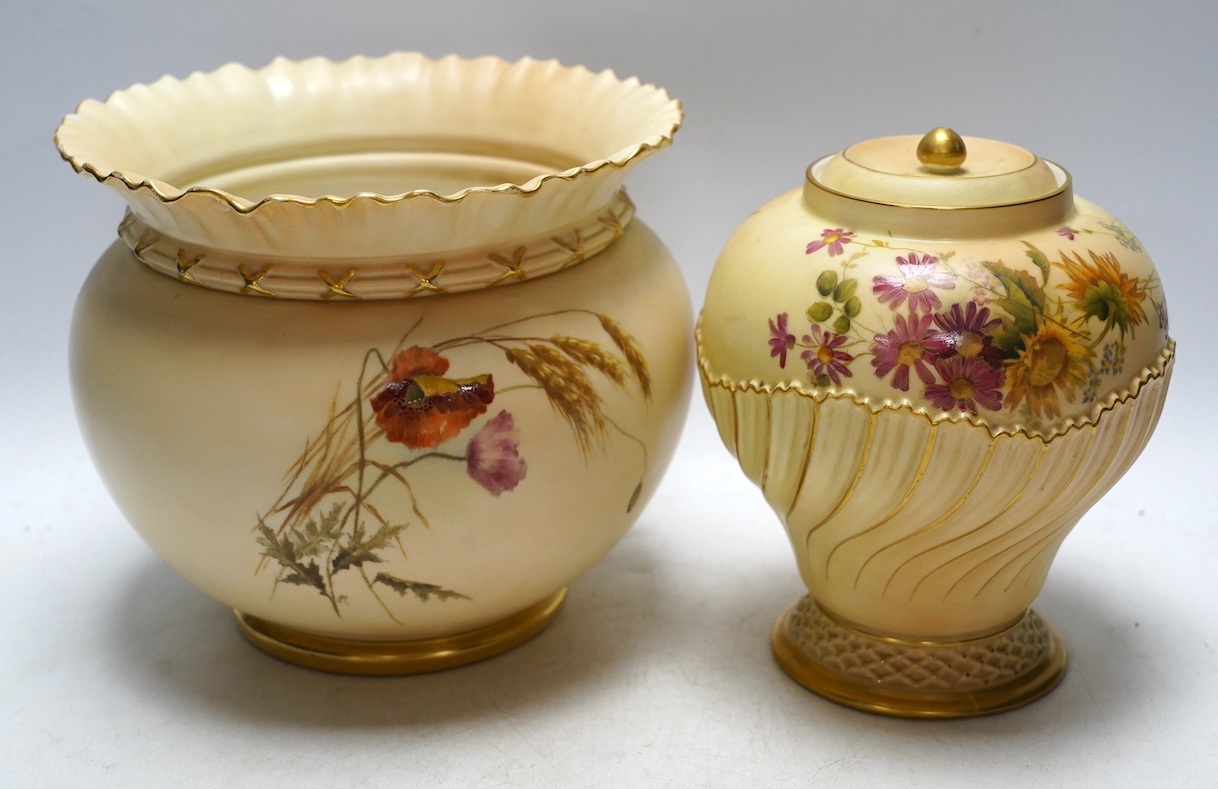 A Worcester blush ivory floral jardiniere, 1651, and a jar and cover, 1720, largest 17cm high. Condition - good, jardiniere with a chip to top rim